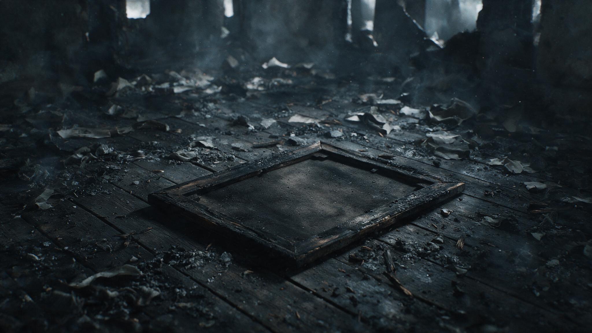 A framed painting fallen face-down onto the scorched floor of a burned room, only its back charred black, ash and debris around it, a cold and eerie still life of a fire scene