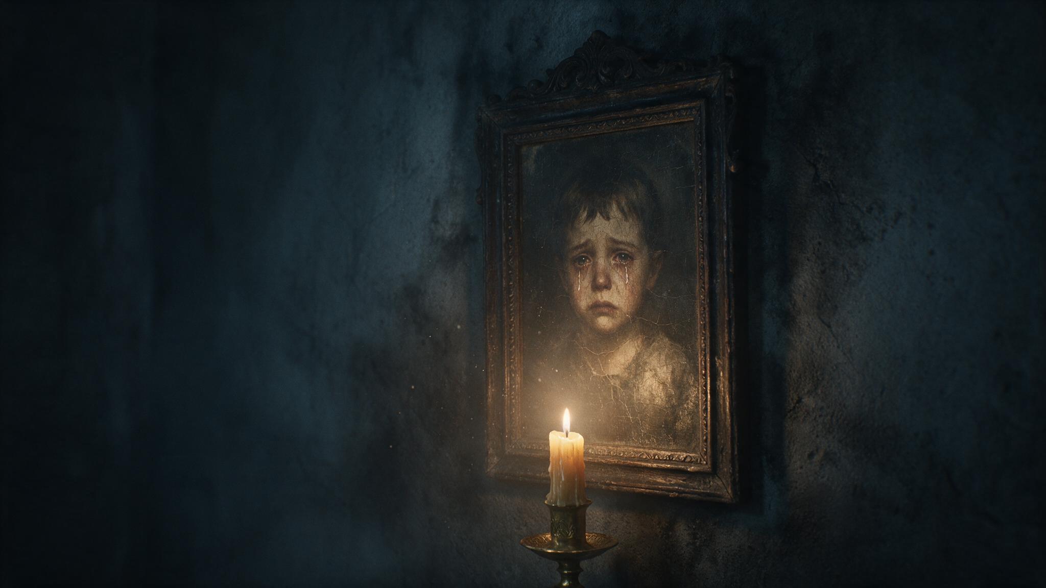 An old boy's portrait hanging alone on a scorched wall in the corner of a dim room, the dying light of a candle and shadows spread thick, the tearful painted face gazing straight ahead, a cold and eerie still life