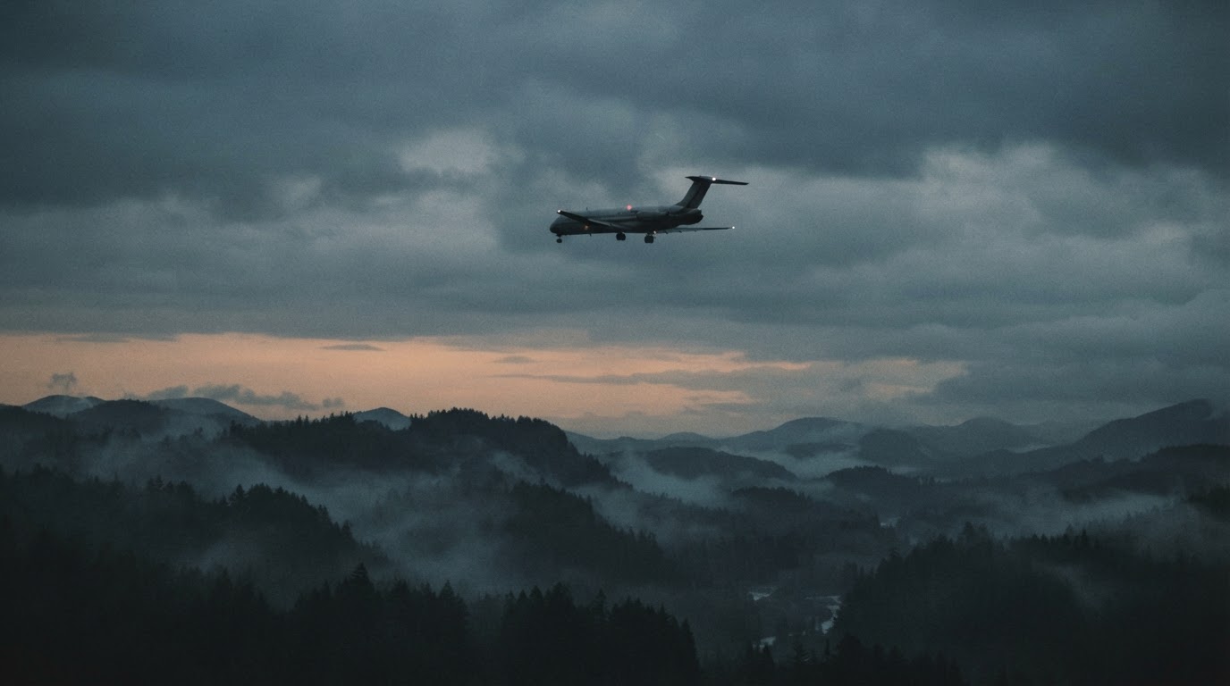 A distant view of a 1970s airliner flying over the misty Pacific Northwest at dusk