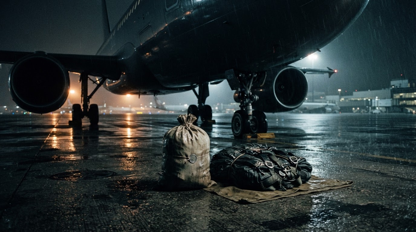 A sack of cash and a bundle of parachutes being handed up beneath an airliner on the tarmac, night, no people