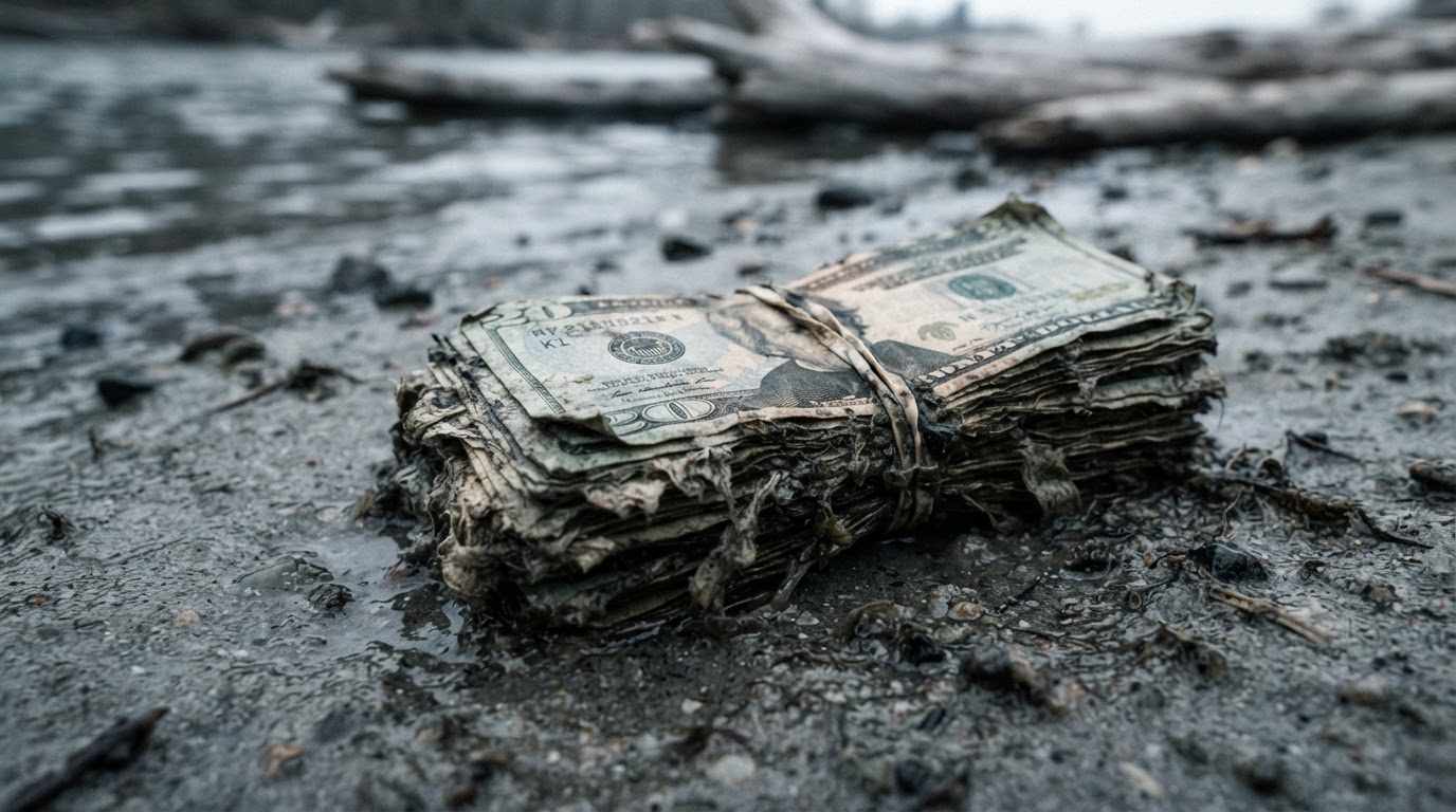 An old bundle of twenty-dollar bills, disintegrating, half-buried in the sand of a riverbank, overcast daylight, close-up