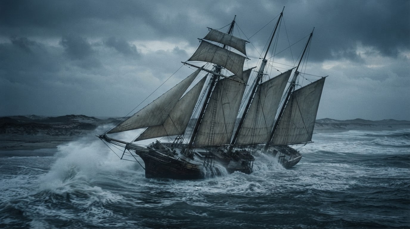A five-masted schooner silhouetted against a stormy grey horizon, sails set, drifting alone on an empty sea, no people