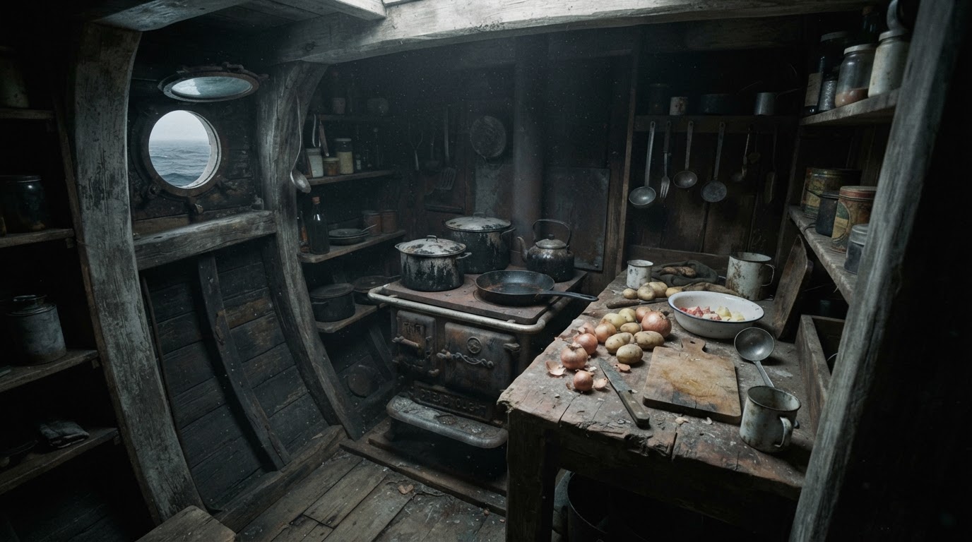 An empty ship's galley with cold cooking pots on an old iron stove, food left half-prepared, dim light, no people
