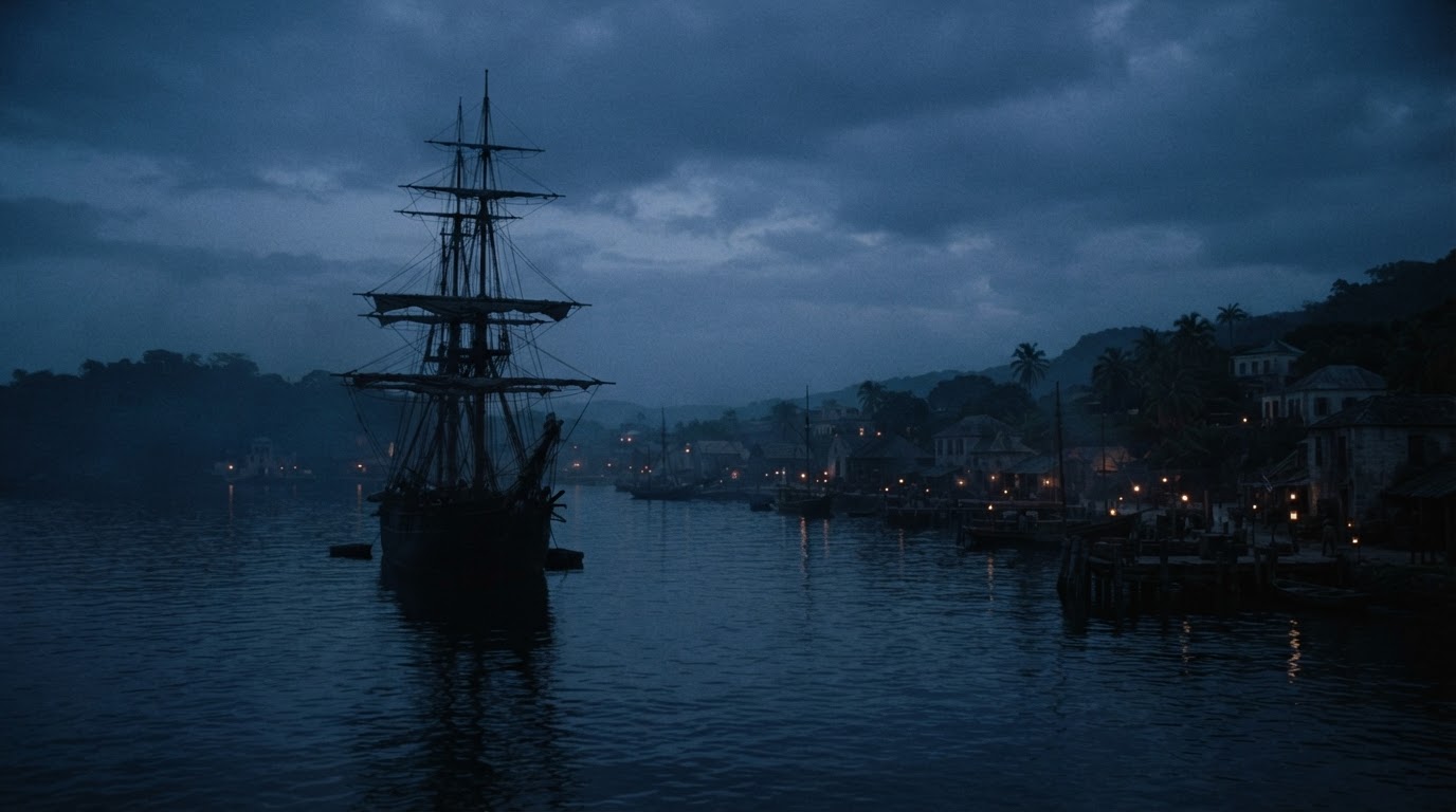 A moody old harbour at dusk with the silhouette of a tall sailing ship at anchor, warm distant lights, no faces