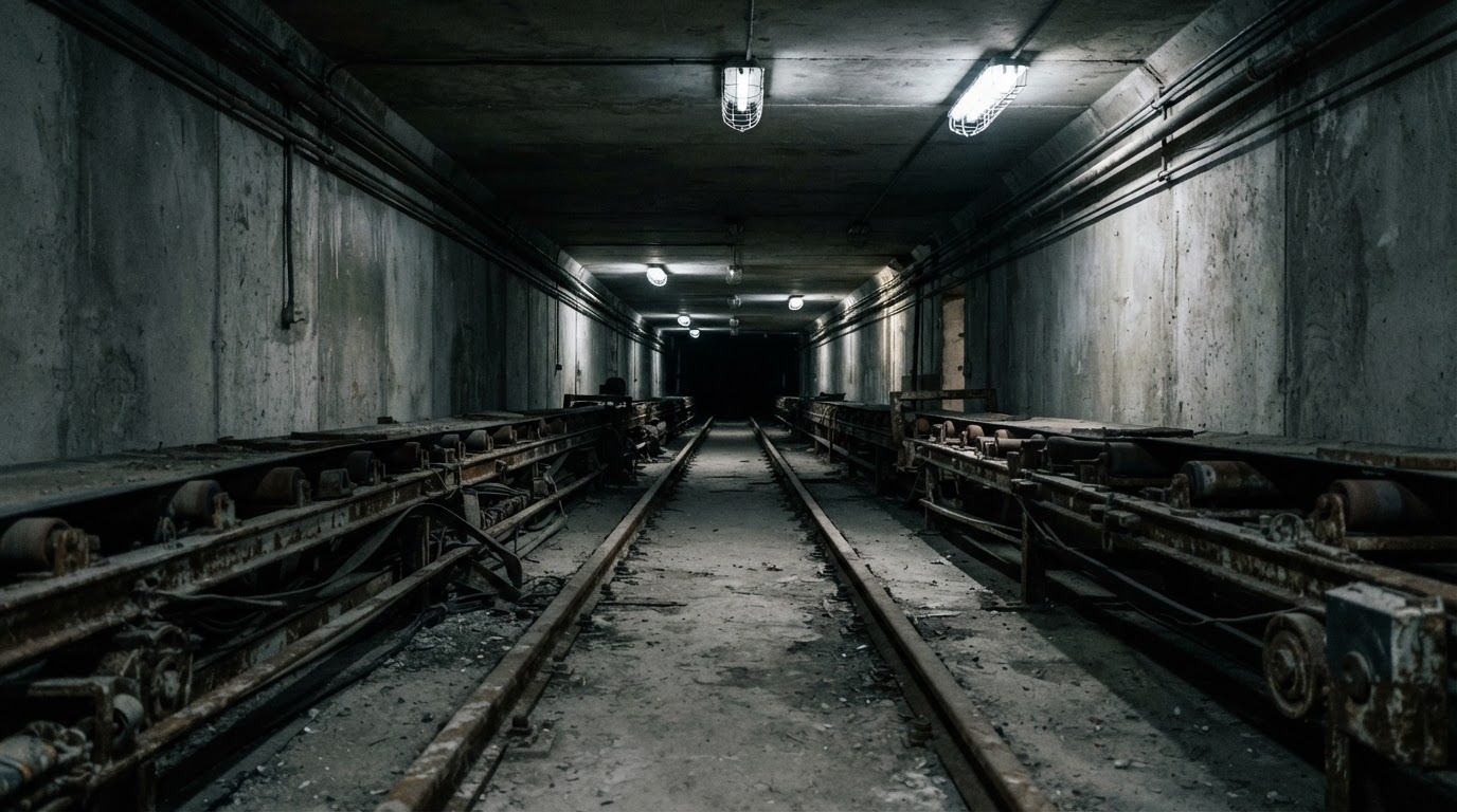 A dim underground concrete corridor with unused conveyor rails running into darkness, cold industrial lighting