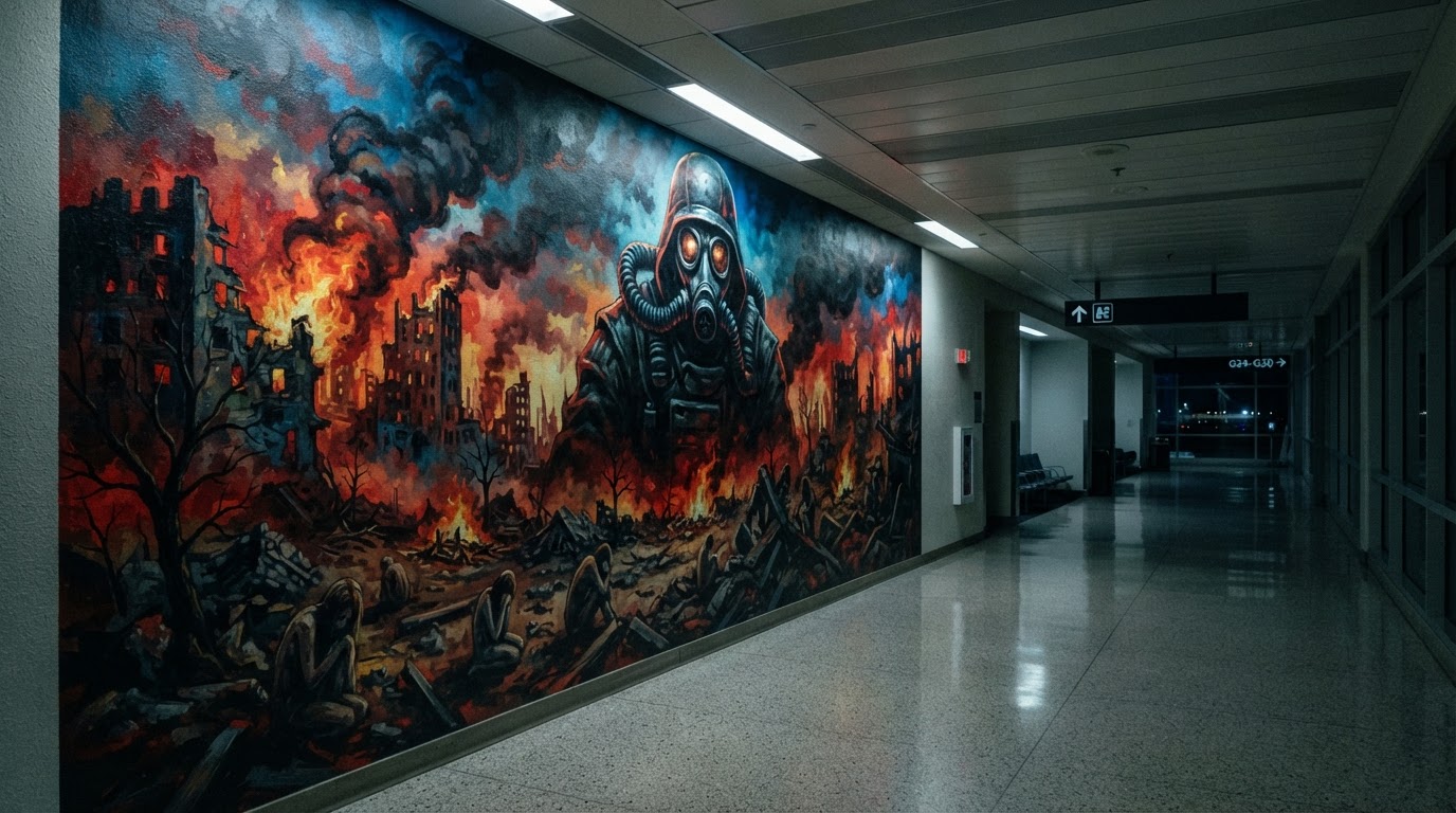 An ominous apocalyptic-style mural covering an airport corridor wall — a masked figure over a ruined landscape, painted in vivid color, generic abstract art
