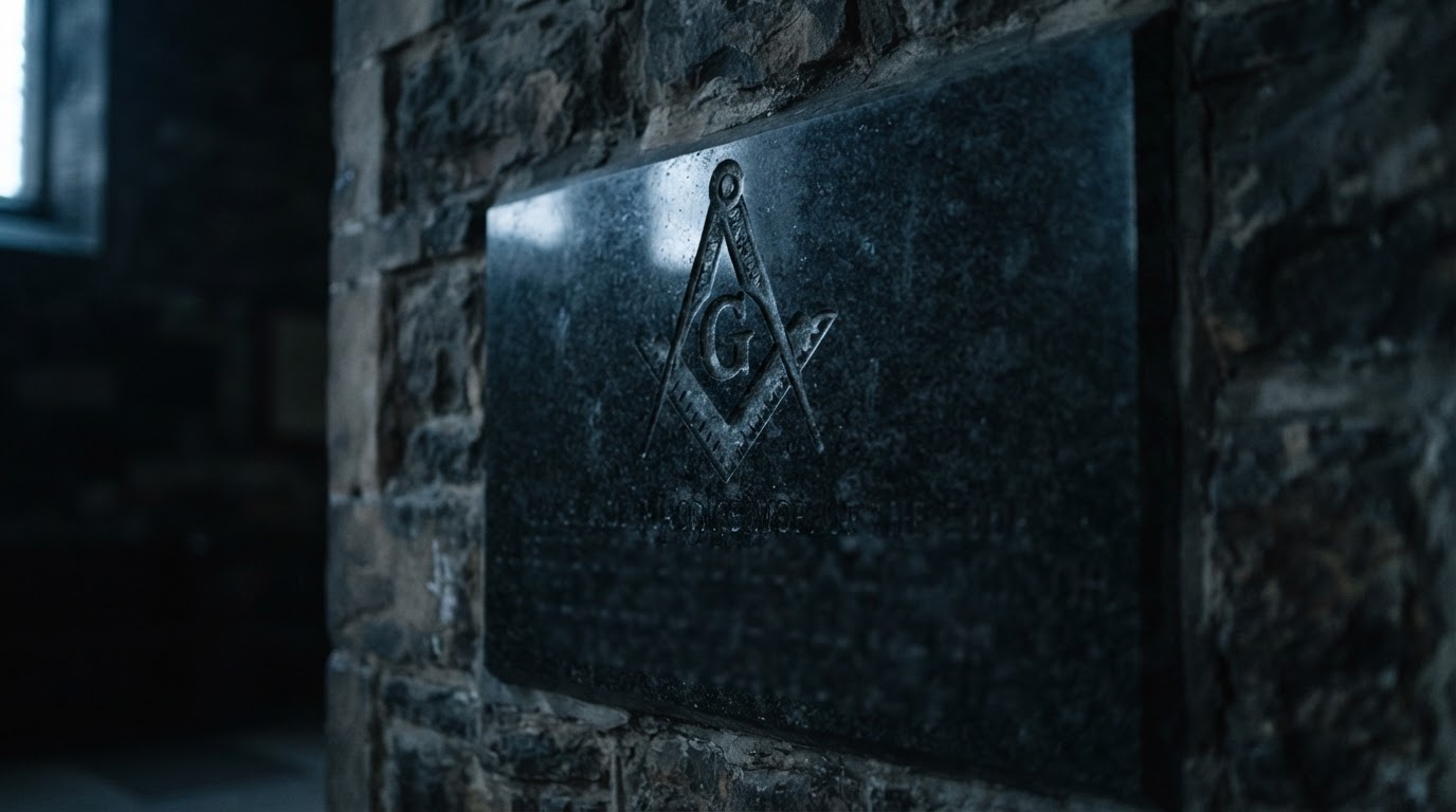 A carved stone cornerstone bearing a compass-and-square emblem, the inscription deliberately blurred and unreadable, dim interior lighting