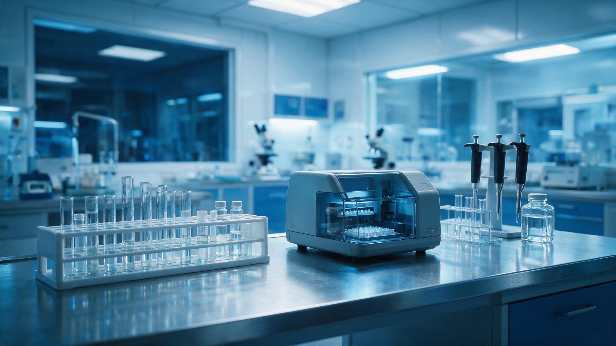 Genetic analysis equipment and test tubes in a forensic laboratory, cold lighting