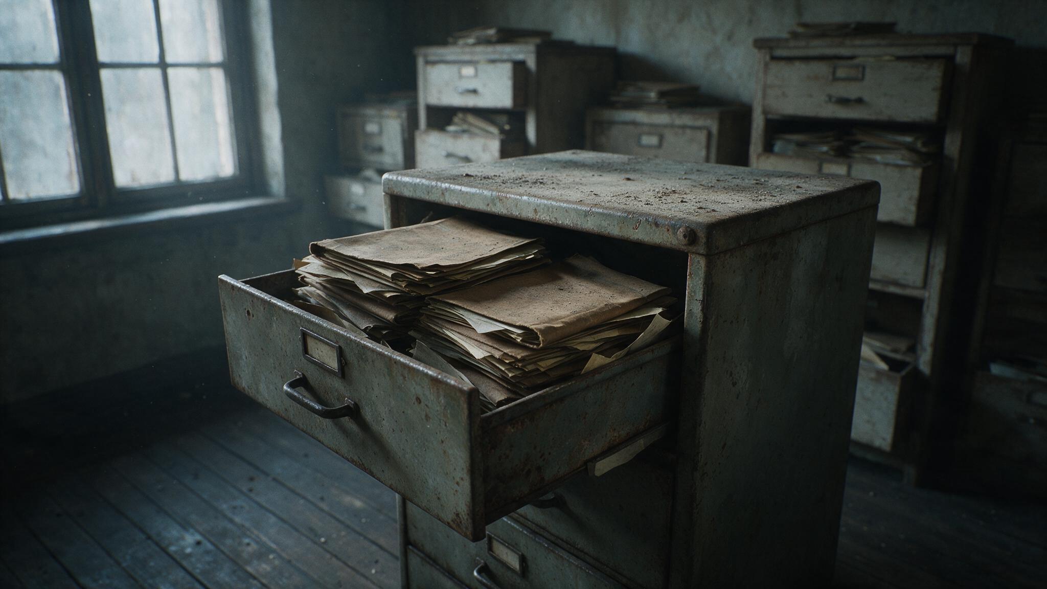 A cabinet stacked with old cold-case files, faded folders