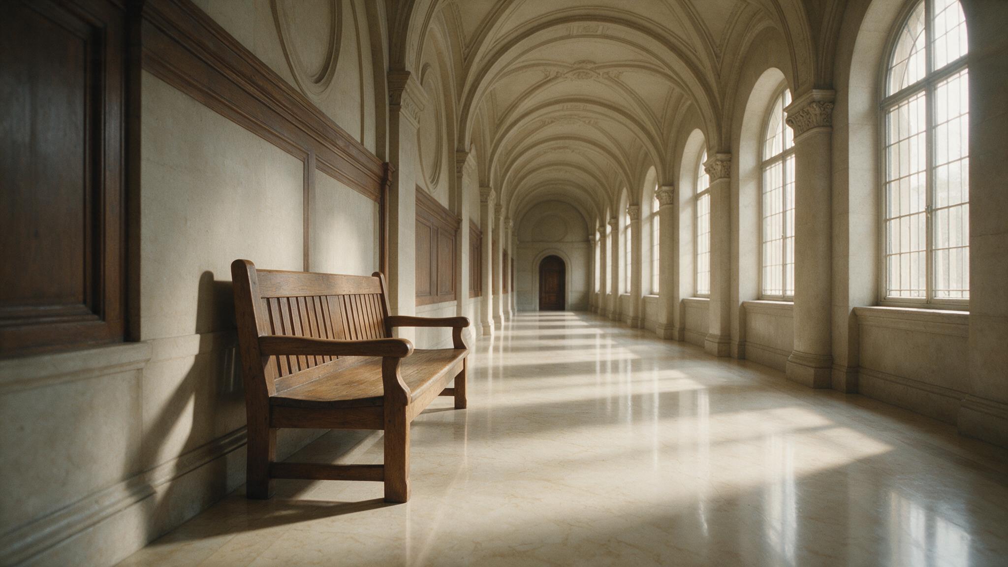 An empty bench and long shadows in a courthouse corridor, a quiet afternoon