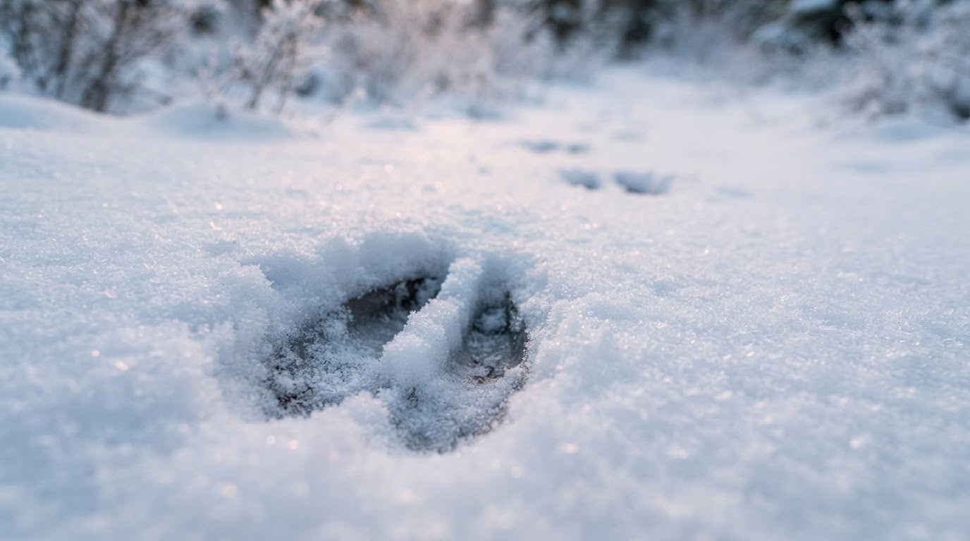 Close-up of a single cloven hoof print pressed into deep snow at dawn, photorealistic