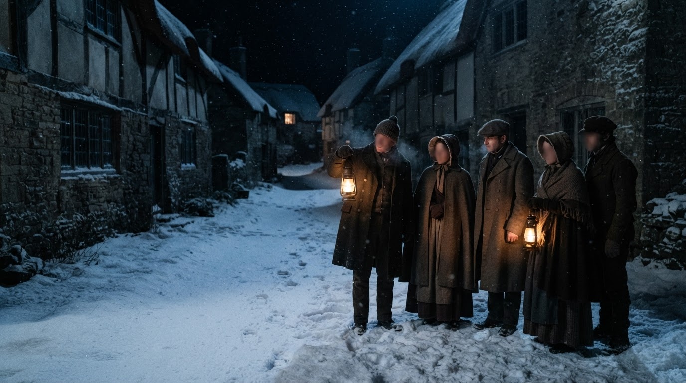 Nineteenth-century villagers with lanterns gathered at night in the snow, faces obscured in shadow