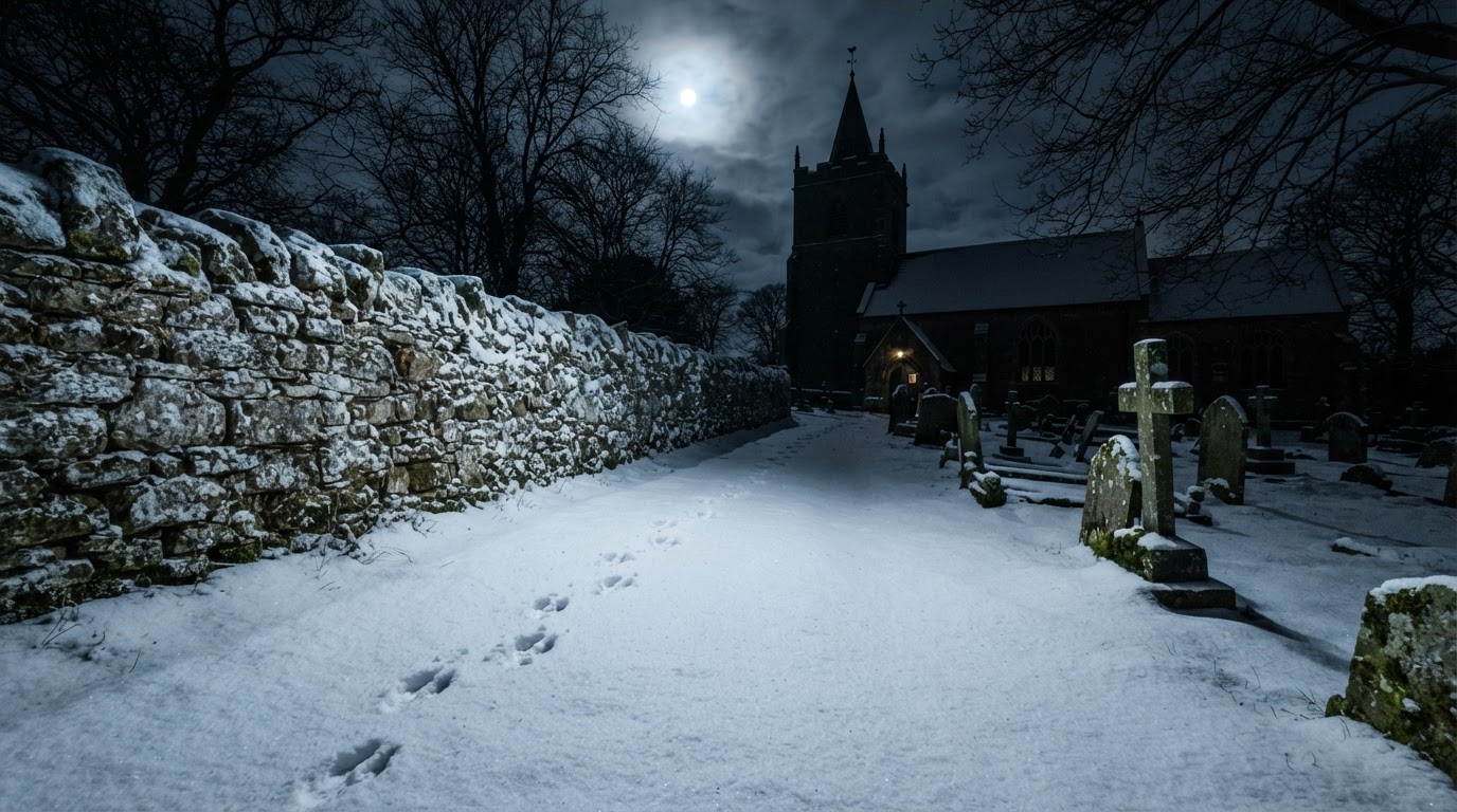 A snowy churchyard wall at night with hoof-like prints appearing on both sides of it, atmospheric photorealistic