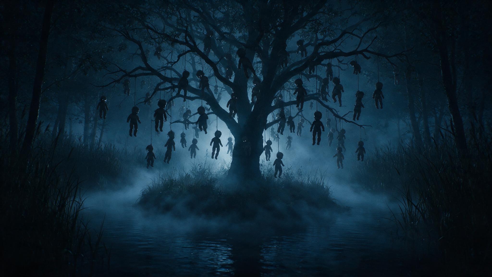On a misty night, silhouettes of dolls hanging in the trees with faint light caught in their hollow eyes, low mist over the black canal water, an eerie and supernatural atmosphere
