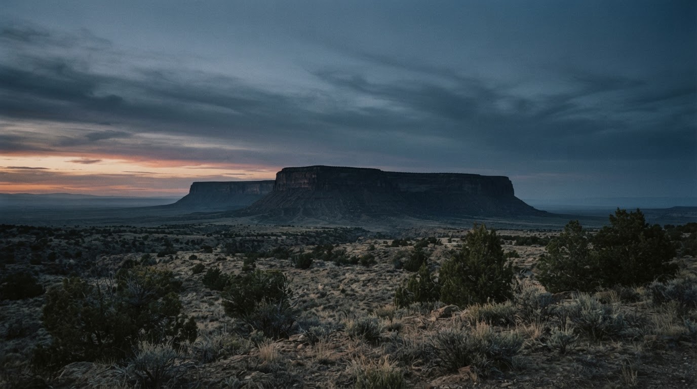 A flat-topped mesa rising over an empty high-desert plain in northern New Mexico at dusk, vast and silent