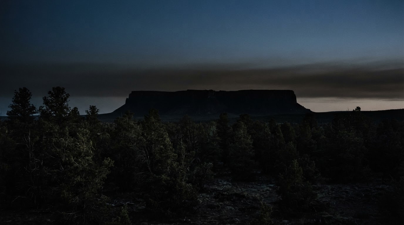 A low, flat mountain silhouette against a cold twilight sky, pine forest in the foreground, no structures visible