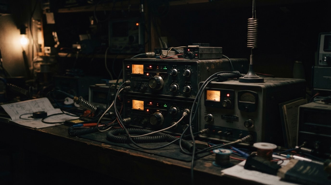 Vintage electronic receiving equipment with dials and antennas in a darkened room, faint indicator lights glowing