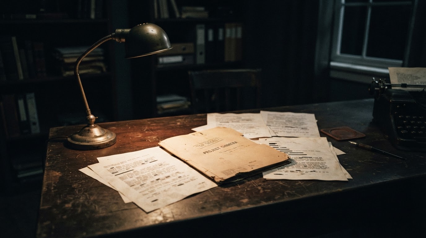 An old manila document folder and scattered typewritten papers on a desk under a single lamp, text deliberately blurred and unreadable
