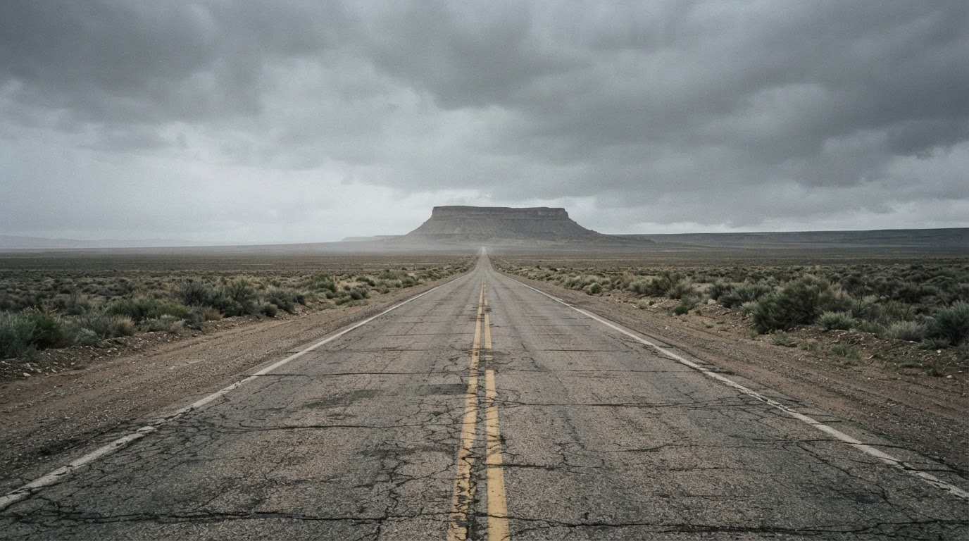 Empty high-desert road stretching toward a distant mesa under a heavy grey sky, utterly deserted