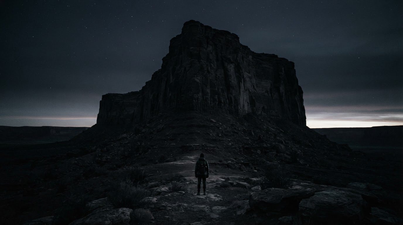 A lone figure's silhouette standing small before a vast dark mesa at night under faint stars, face not visible