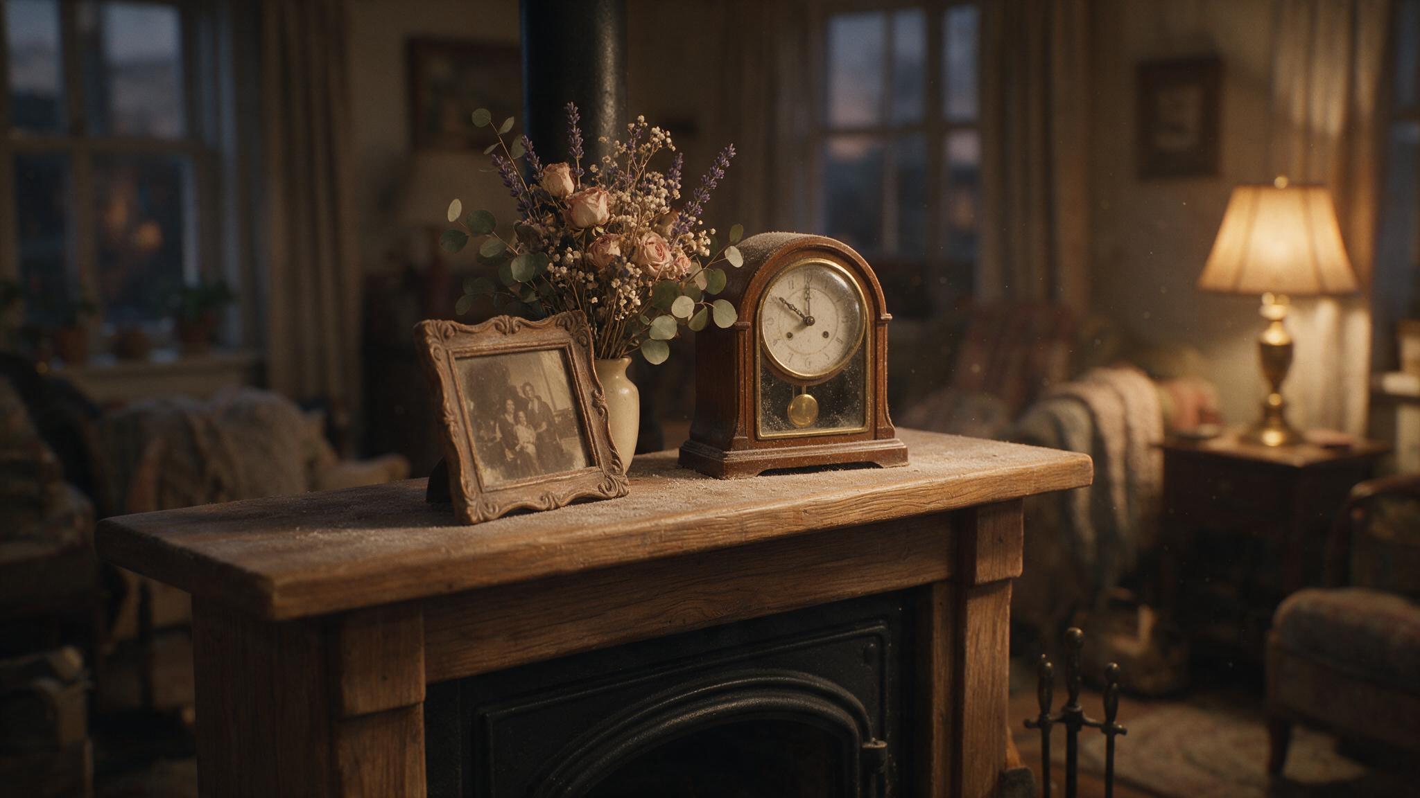 An old family portrait frame on a mantelpiece, faces turned away or in soft shadow, warm domestic interior