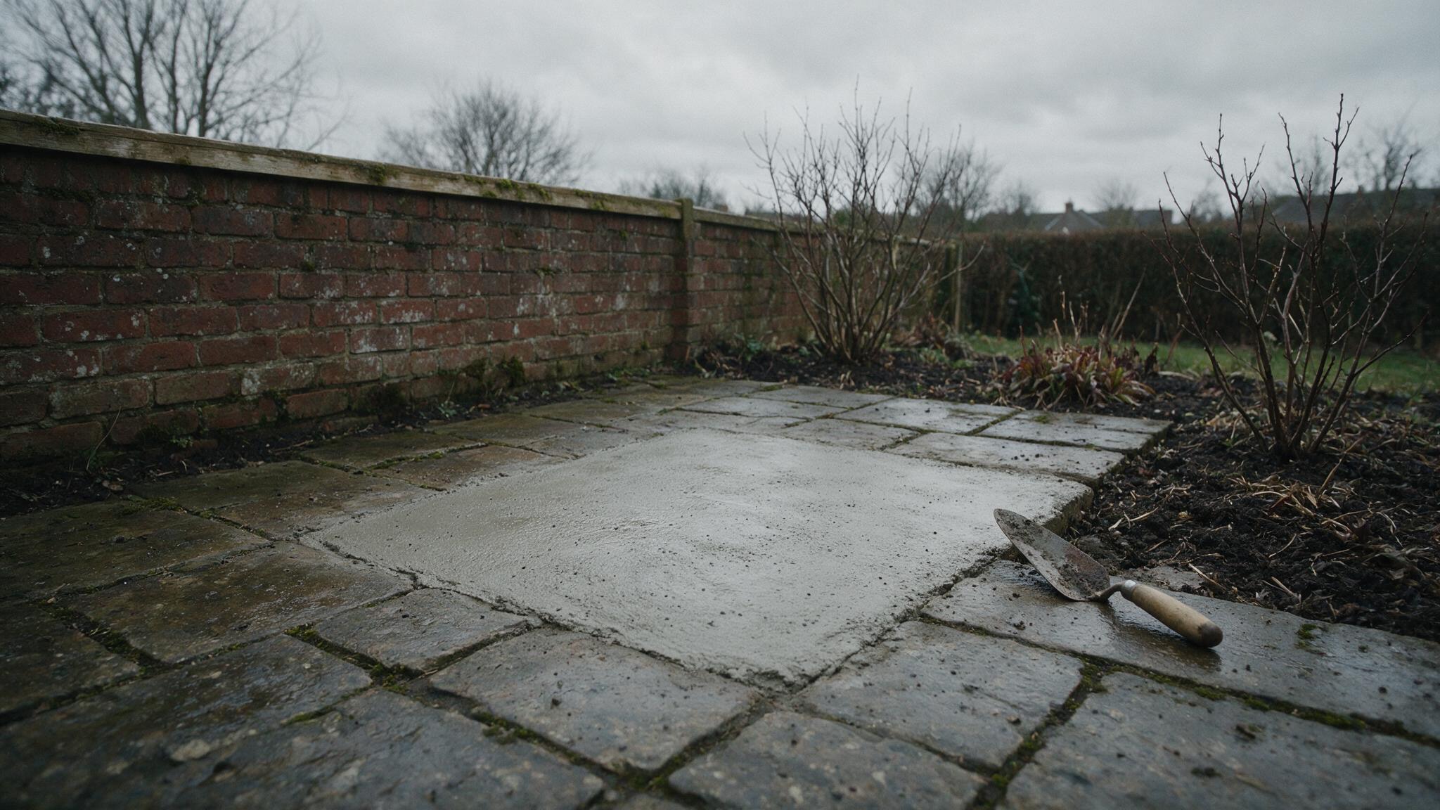 A small enclosed back garden with a freshly laid patch of pale concrete, overcast light, no people