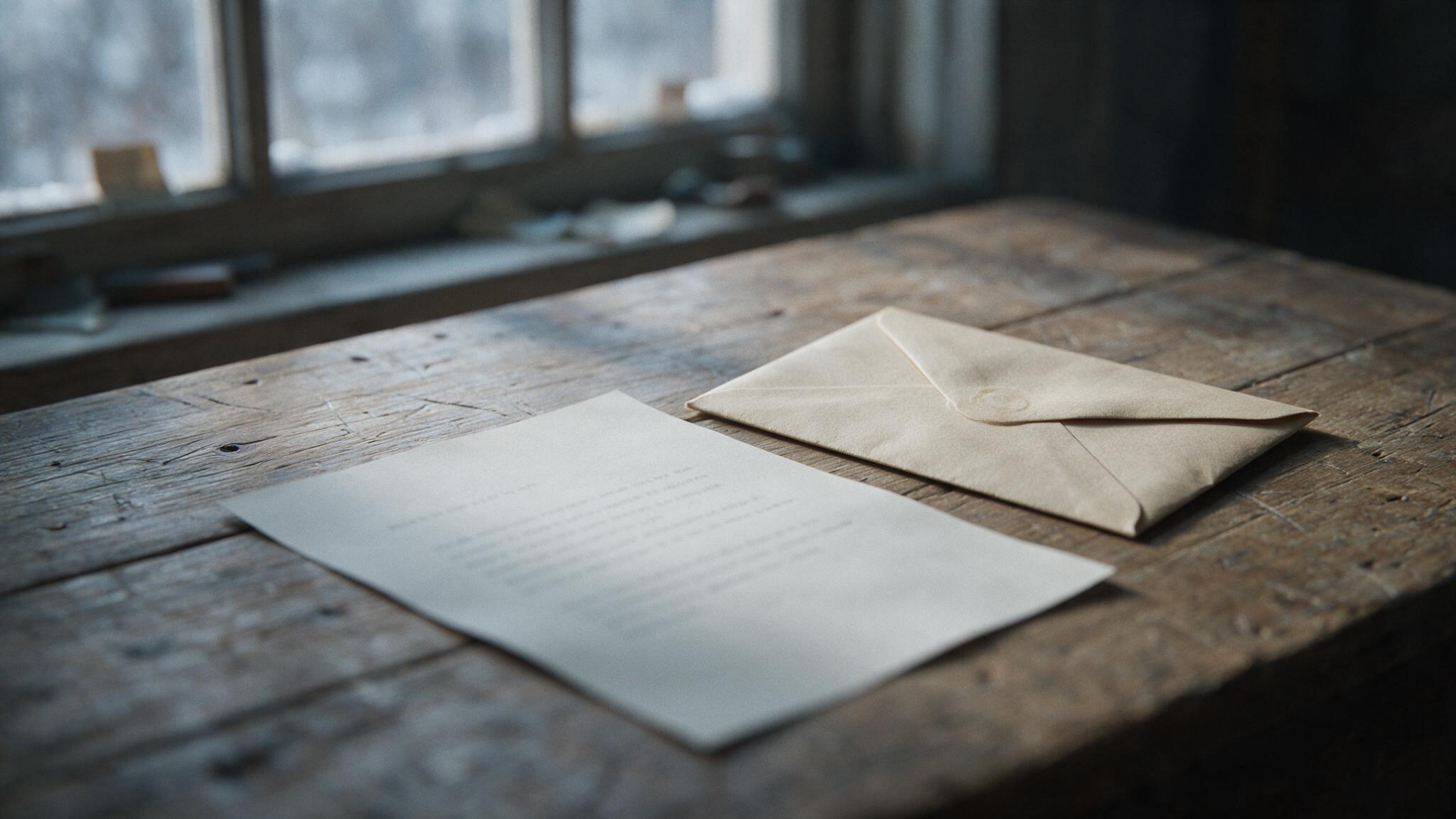 A single typed sheet of paper on a wooden table, the text blurred and unreadable, cold morning light