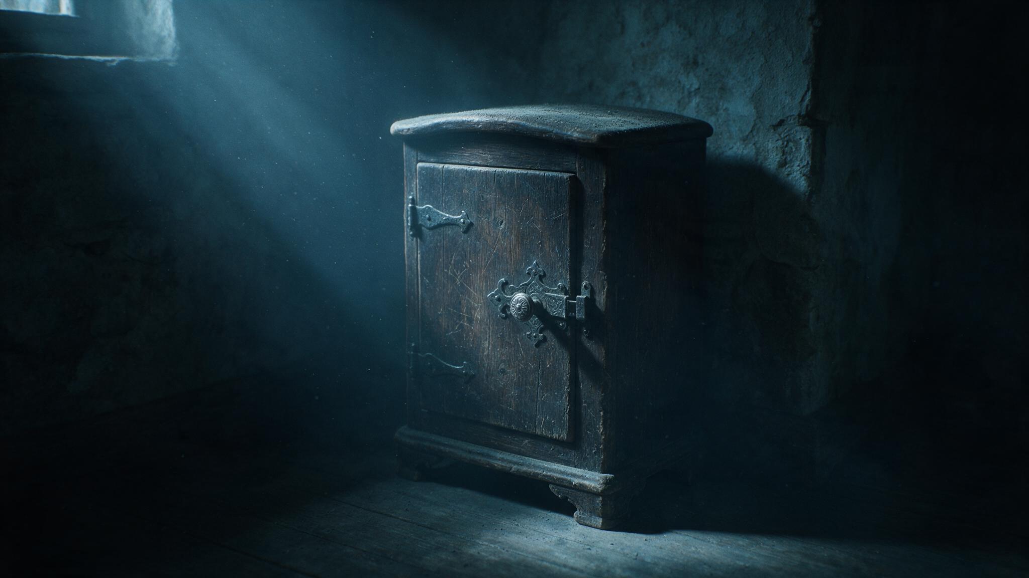 An old wooden wine cabinet standing in the corner of a dark room, its hinged door shut tight, only a faint light falling across its dust-covered surface, an eerie antique atmosphere