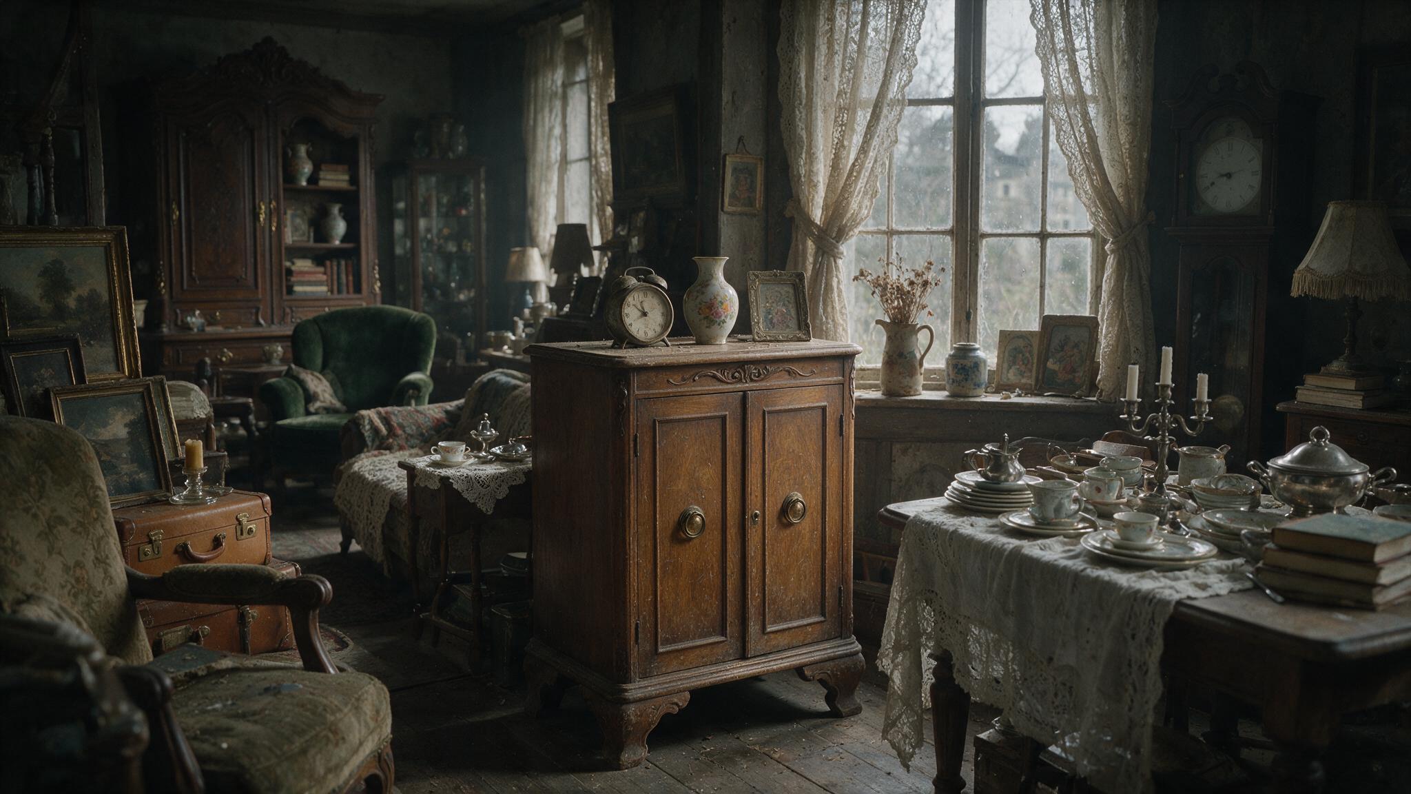 The dim interior of an estate sale, a small wooden cabinet resting among old furniture, faint afternoon light filtering through dusty air, a lonely and somber atmosphere