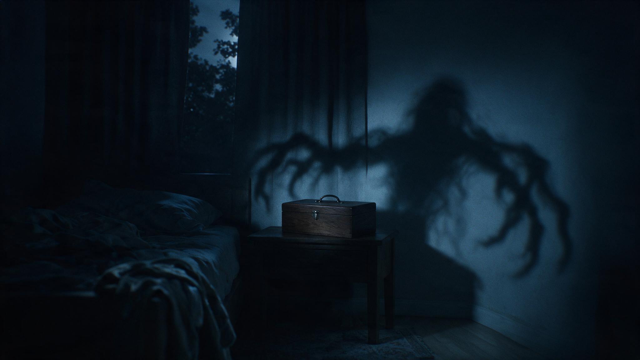 A dark bedroom, a long twisted shadow cast across one wall, a closed wooden box on the bedside table, an ominous presence only hinted at and never shown, an eerie and chilling atmosphere