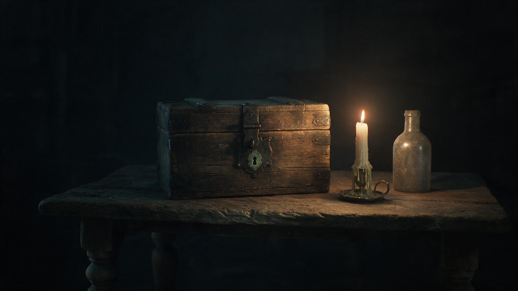A dim room, an old locked box resting on a wooden table lit by a single guttering candle, a candlestick trailing wax and a dust-covered glass bottle beside it, the eerie and mysterious air of an aged antique