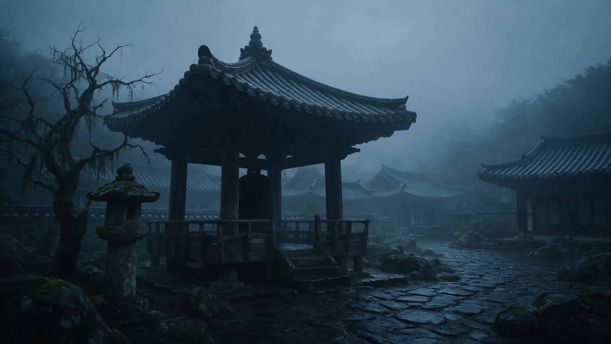A dark temple courtyard in fog, the silhouette of a bell pavilion and faint eaves beyond it