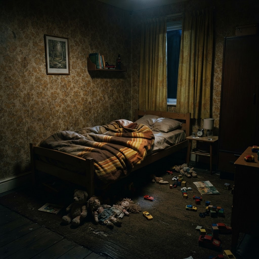 A dim child's bedroom at night, a single bed pulled slightly askew from the wall, toys scattered across the floor, no people