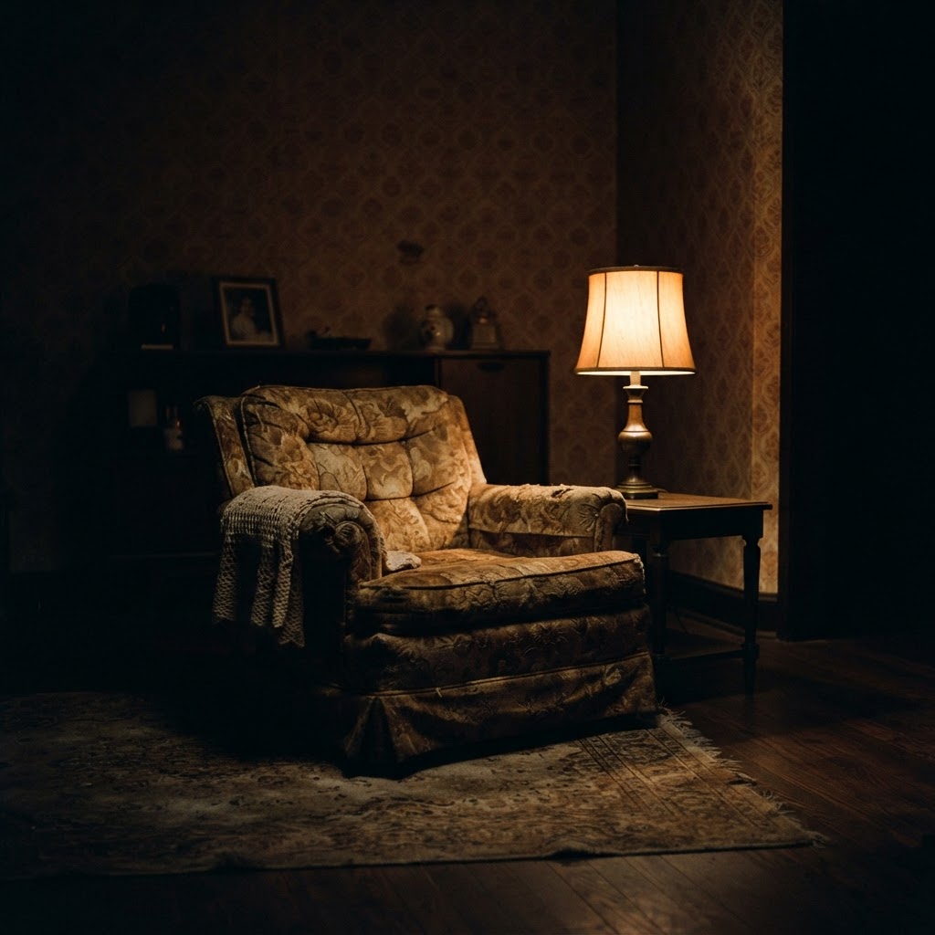 An old empty armchair alone in a dark living room, lit by a single lamp, long shadows on the wall, no people