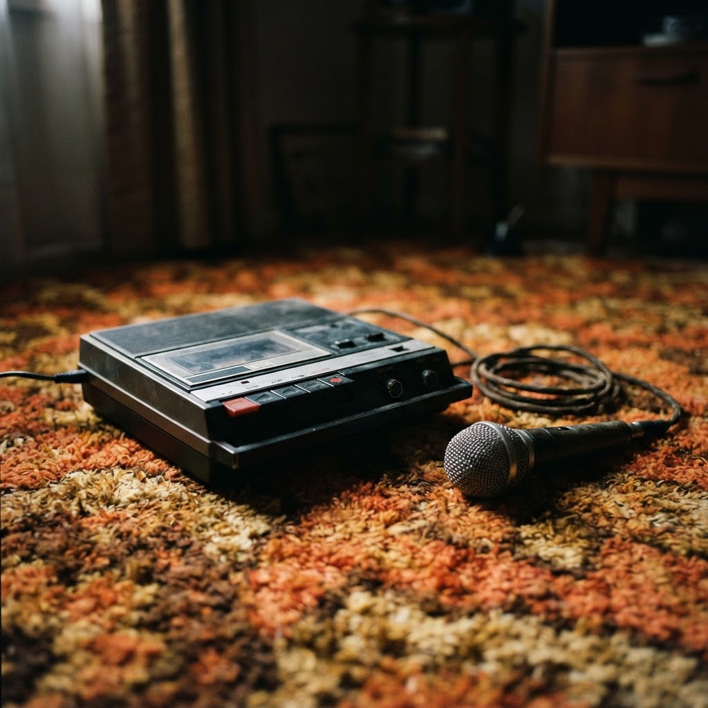A cassette tape recorder and a microphone resting on a patterned 1970s carpet, dim room, no people