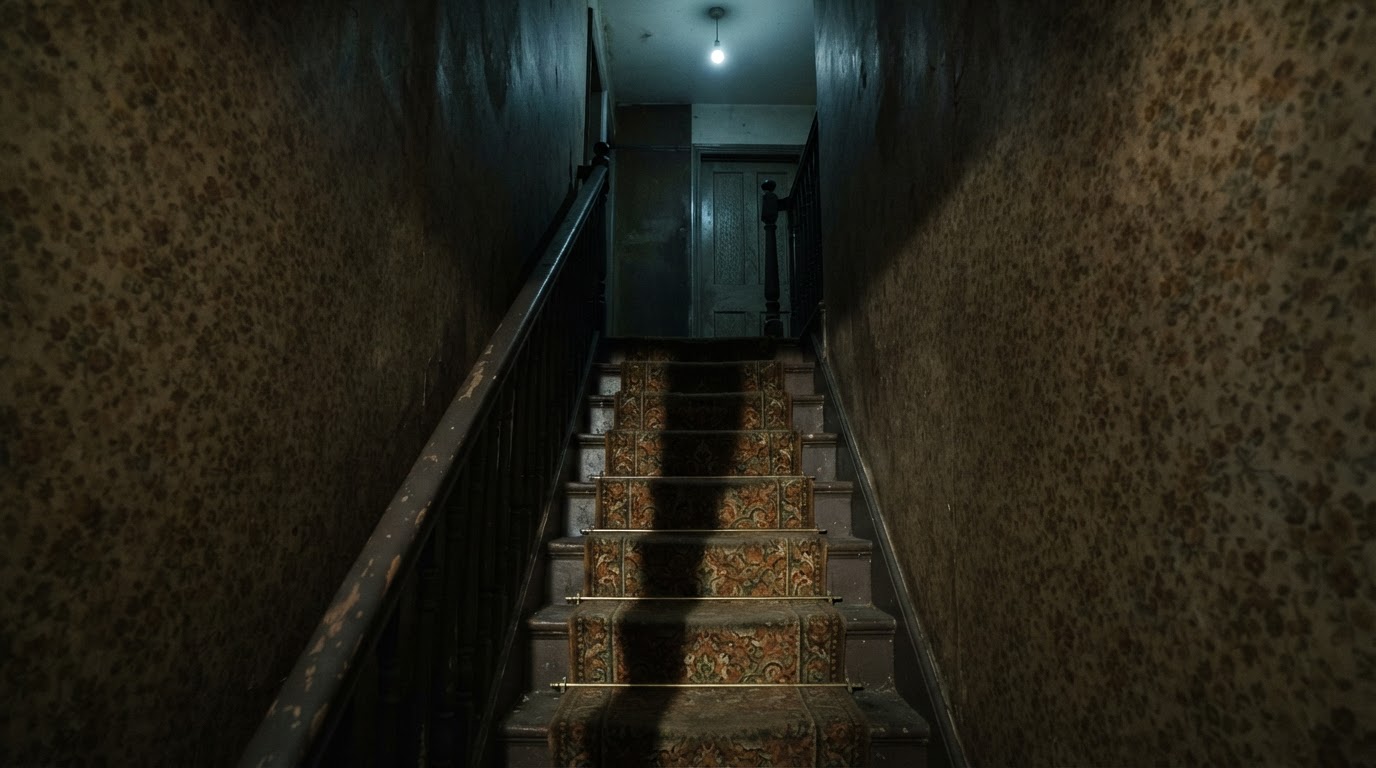 A dark staircase in an old house, a shadow falling diagonally across the steps, cold dim light, no people