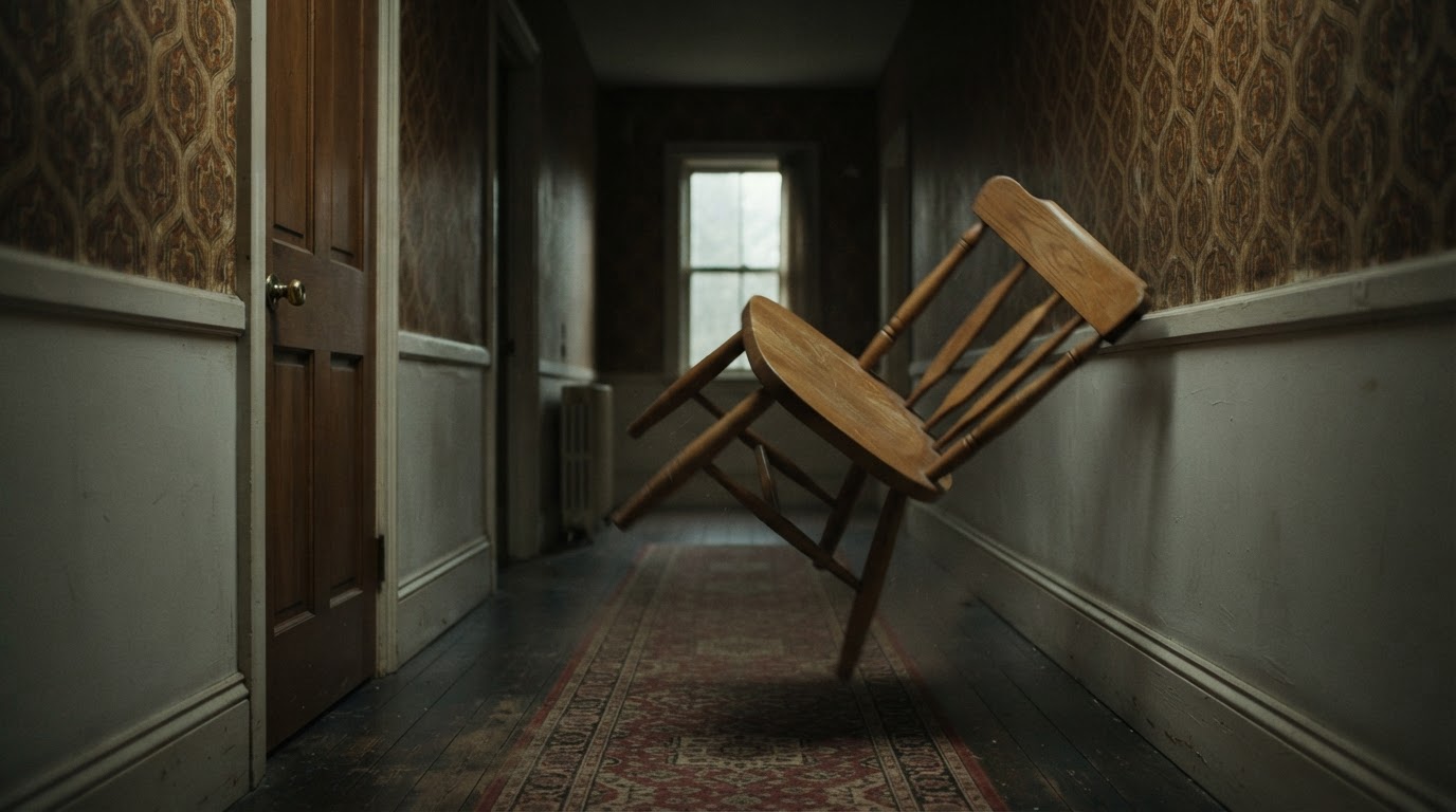 A wooden chair frozen mid-tumble in an empty hallway, motion blur, dim light, no people