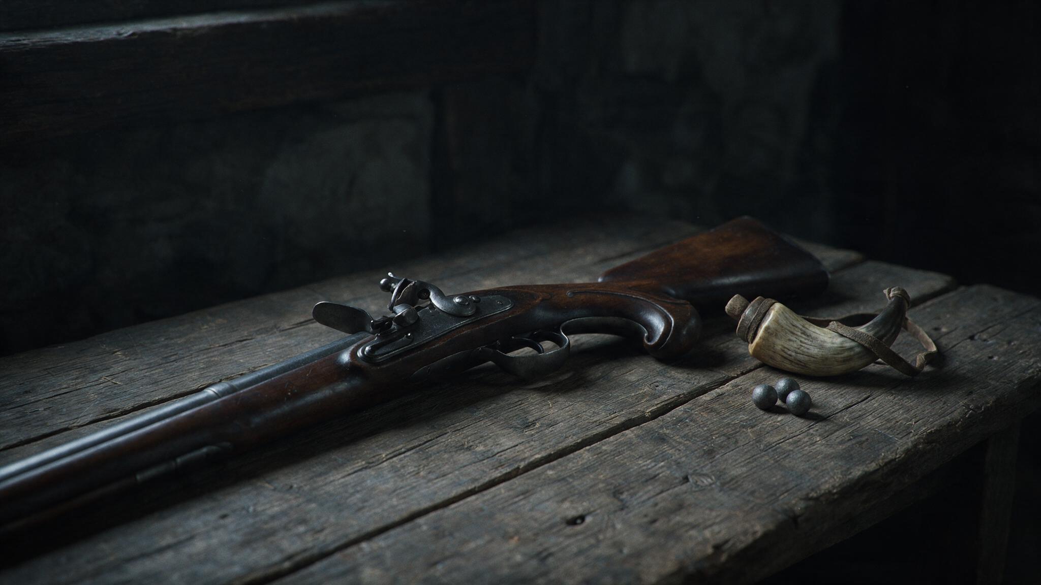 An 18th-century flintlock hunting musket lying on weathered wood, moody low light, no people