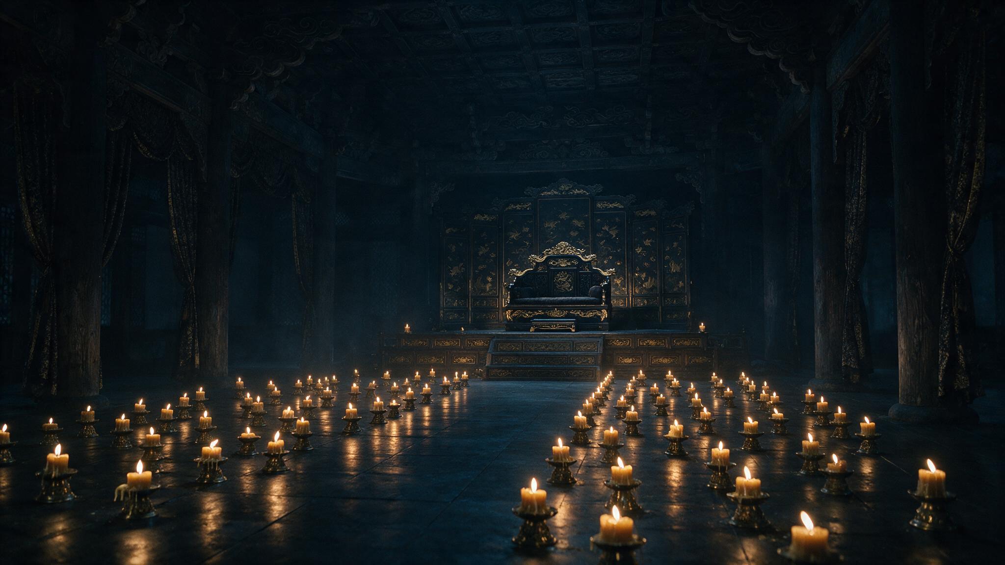 A dark ancient palace hall at night lit only by rows of candles, an empty ornate throne in cold shadow, no people, photorealistic