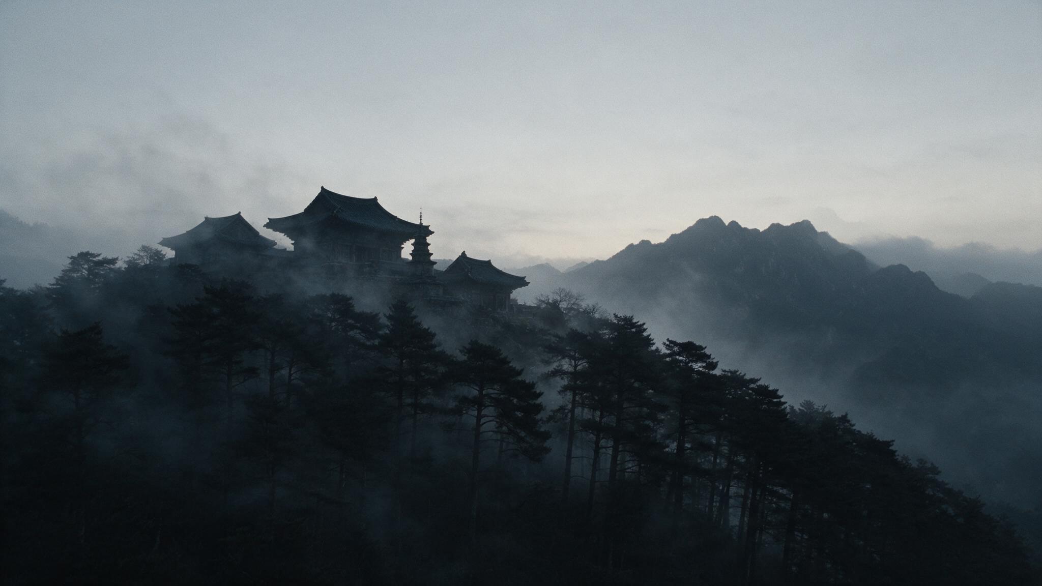 A misty ancient mountain temple in silhouette against a pale grey dawn sky, dark pine forest, no people, photorealistic