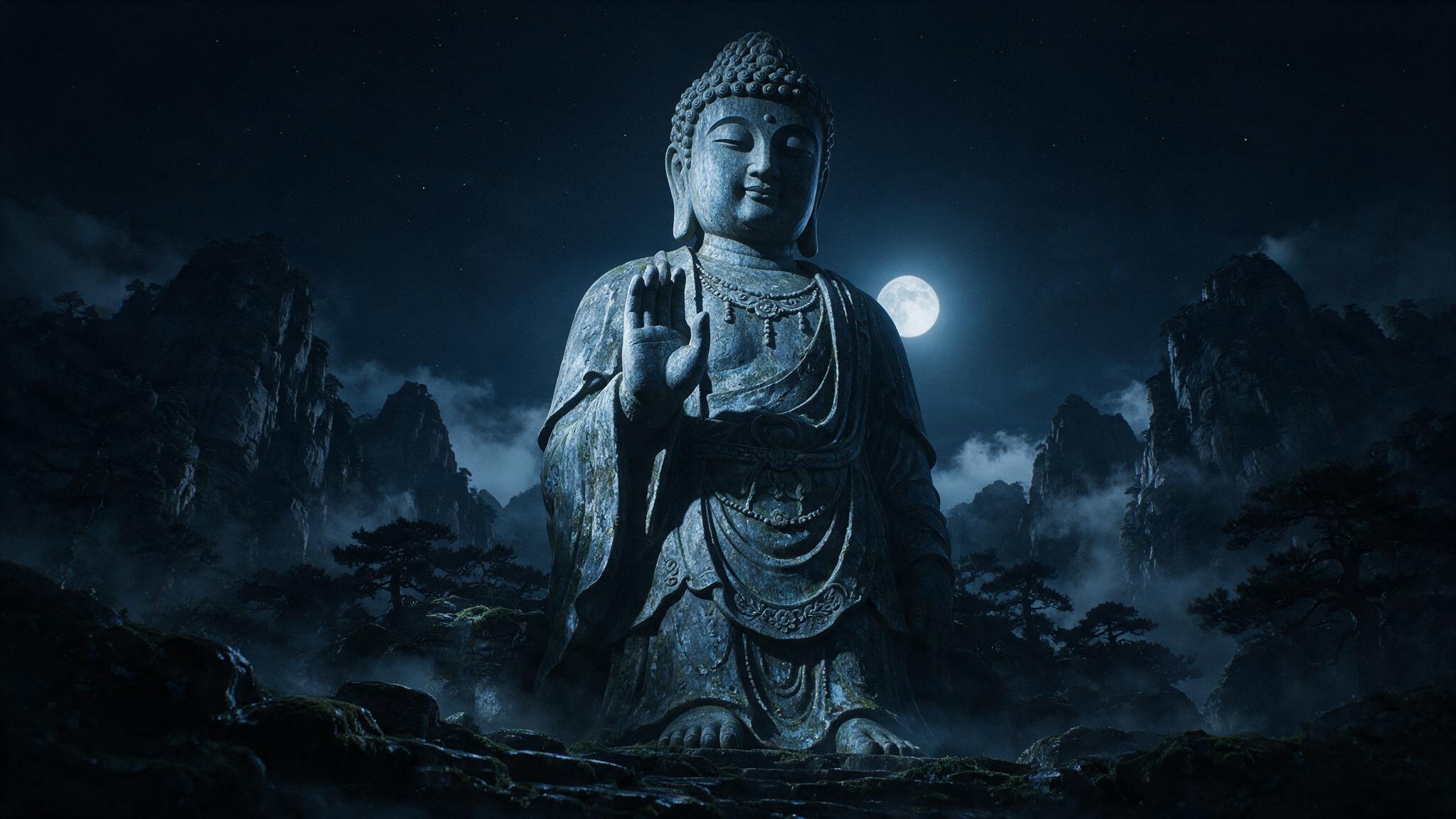 A large ancient Buddhist stone statue of Maitreya in deep shadow at night, cold blue moonlight on carved stone, imposing and eerie, no people, photorealistic