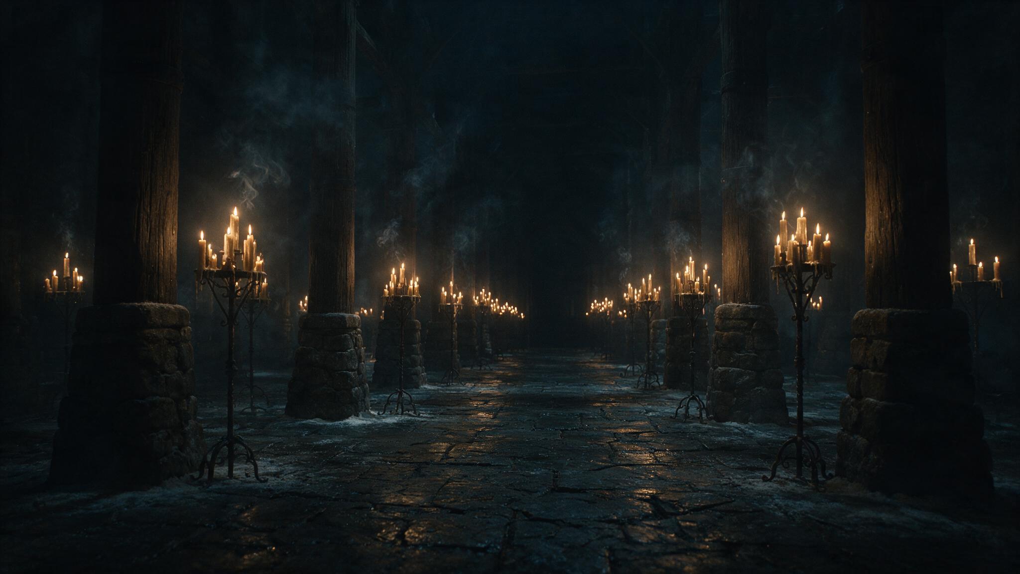 Rows of flickering candles in a dark ancient hall casting long shadows on stone pillars, a sense of dread and silence, no people, photorealistic