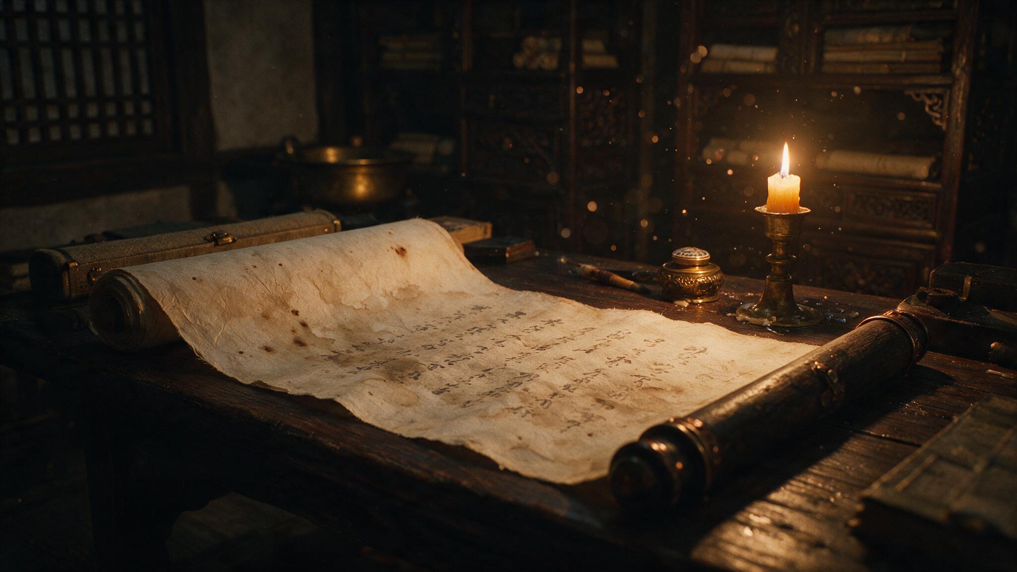 A half-unrolled aged scroll by candlelight, a study drowned in shadow, brushwork illegible
