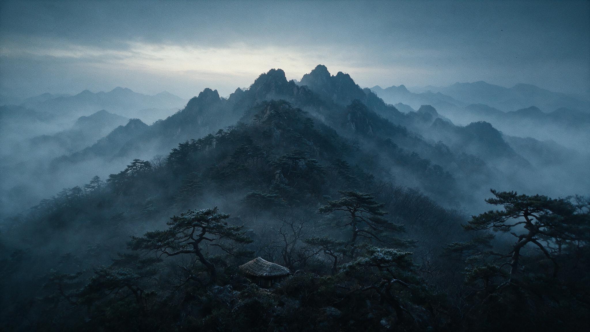 A misty mountain ridge at dawn in old Korea, layered peaks fading into fog, one thatched roof among pines
