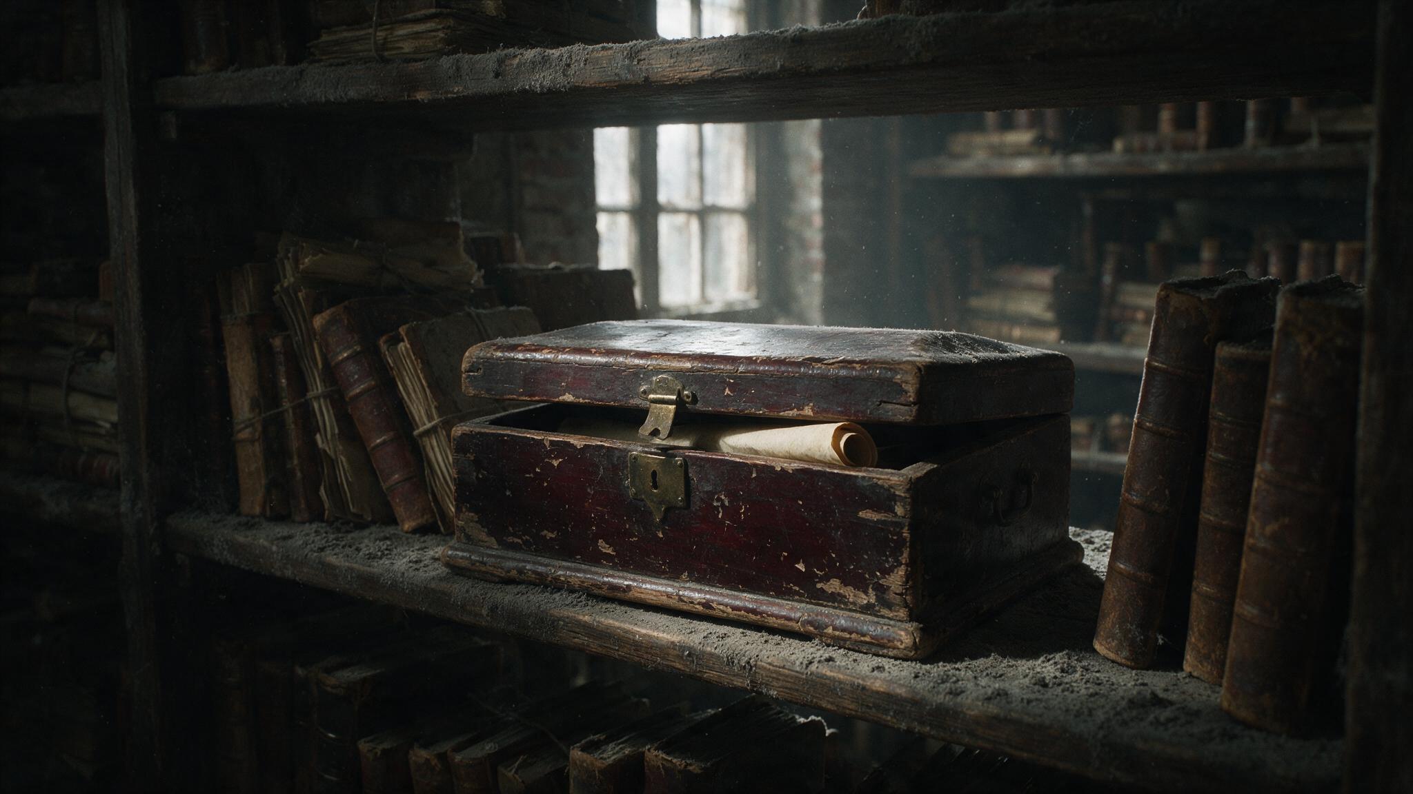 An old wooden document box, lacquer cracked, lid ajar on a dusty shelf, the pale edge of a rolled manuscript within