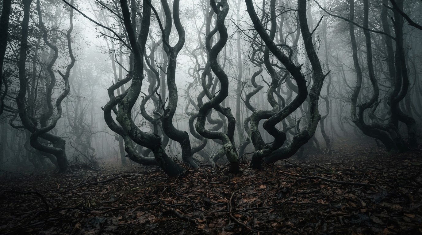 Beech trees with impossibly twisted, corkscrewing trunks silhouetted in cold morning fog