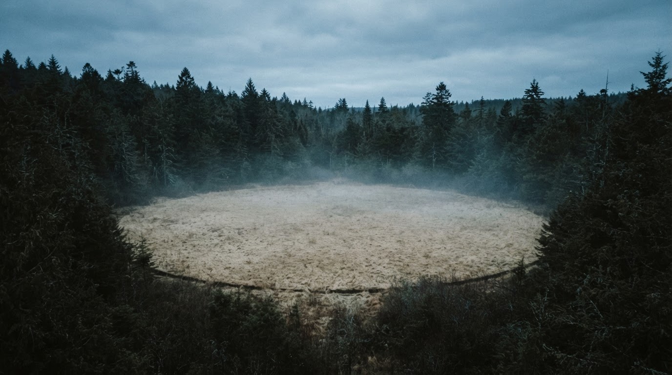 A near-perfect circular clearing of bare grass ringed by dark forest, seen from the treeline edge