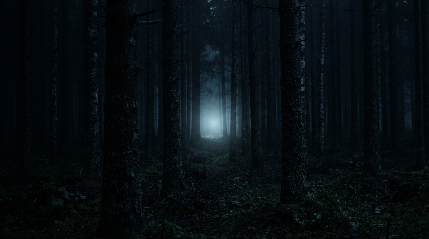 A faint, cold, sourceless glow hanging low among distant black tree trunks at night