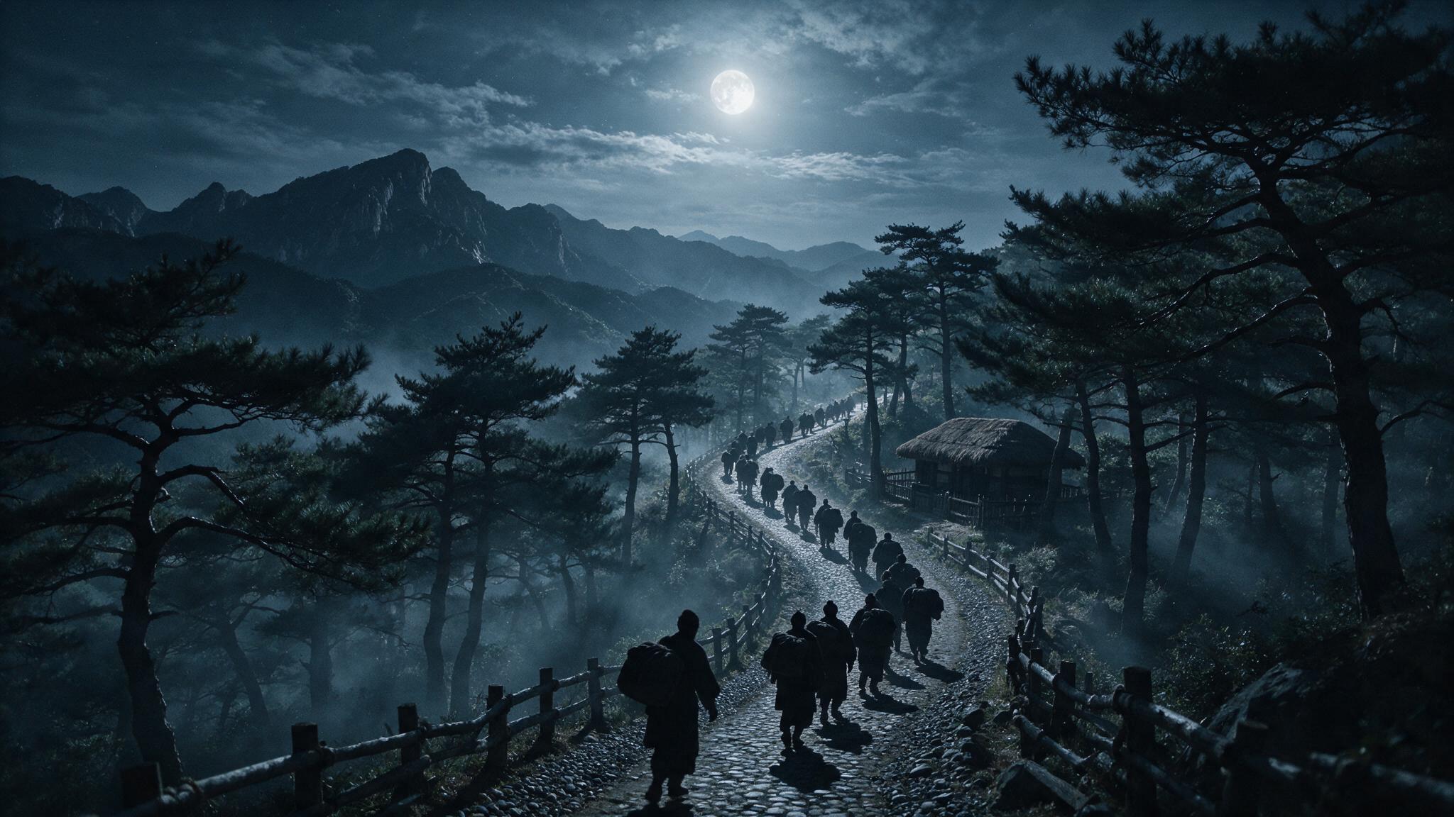 A procession of dark, laden figures walking a mountain path in Joseon under a moonlit sky, faces unseen, mist, a desolate mood