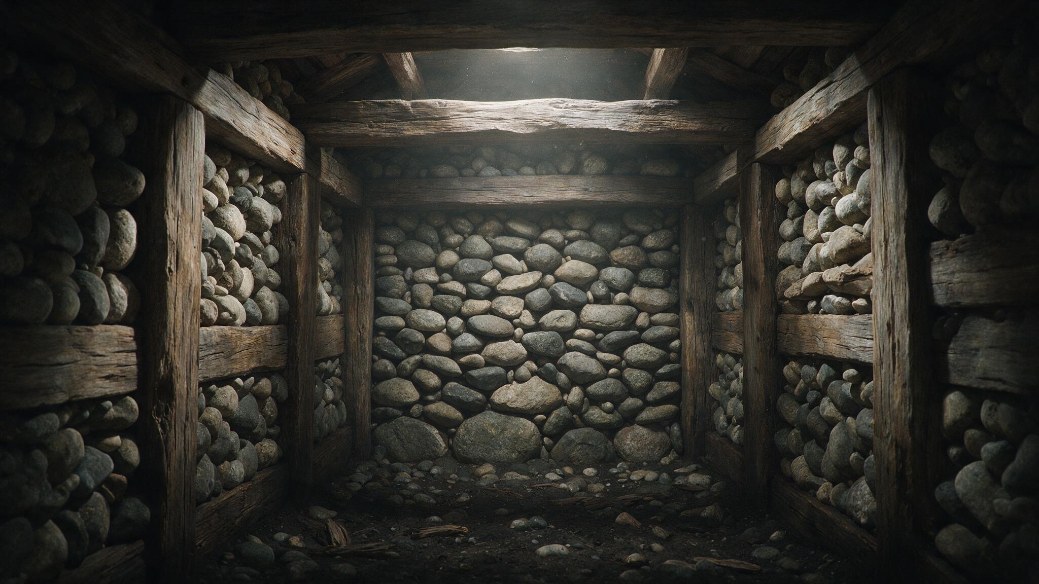 A dim reconstruction of a stone-and-timber Silla chamber tomb interior, dust in the air